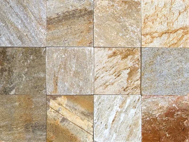 Floor and wall tiling. Terrasse Tiles and natural stone plate 10x10