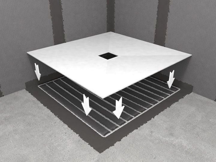 Wedi shower tray with readytoinstall Solid Surface coating Corian