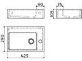 Rectangular hand basin, 29 x 43 cm, right-hand shelf - FLUSH 2 PLUS