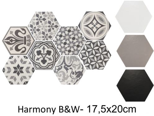 Harmony B&W HEXATILE 17,5x20 cm - Floor tiles, hexagonal, matte finish