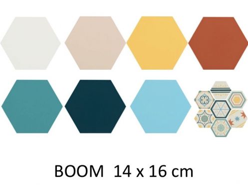 BOOM 14x16 cm - Floor and wall tiles, hexagonal, design colors.