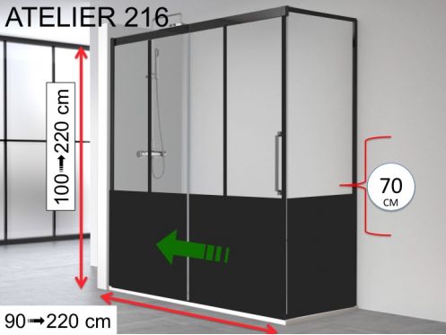 Sliding shower door, fixed angle return, industrial style black art deco - 100 x 70 cm - ATELIER HIT 216 