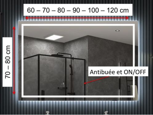 Rectangular mirror, front lighting, sensor: anti-fog and ON/OFF - OBIDOS