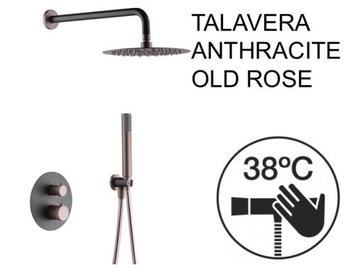 Built-in shower, thermostatic and rain shower head  25 cm - TALAVERA ANTHRACITE / OLD ROSE 