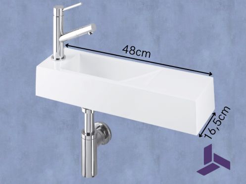 Wall-mounted washbasin 48x16.5cm ultra-slim white resin, no overflow | MUNICH 48 GAUCHE