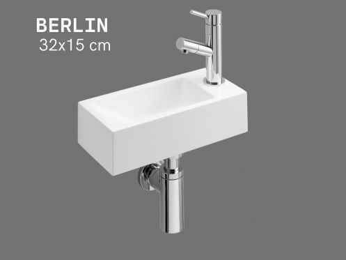 Ultra-compact washbasin 32x15 cm in white mineral resin BERLIN DROITE