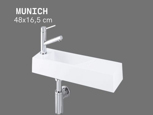 Wall-mounted washbasin 48x16.5cm ultra-slim white resin, no overflow | MUNICH 48 GAUCHE